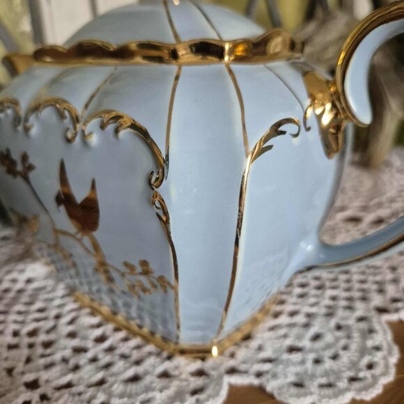 SADLER 30s Vintage Blue Cube Teapot with 24KT Gold Birds - Picture 14 of 15